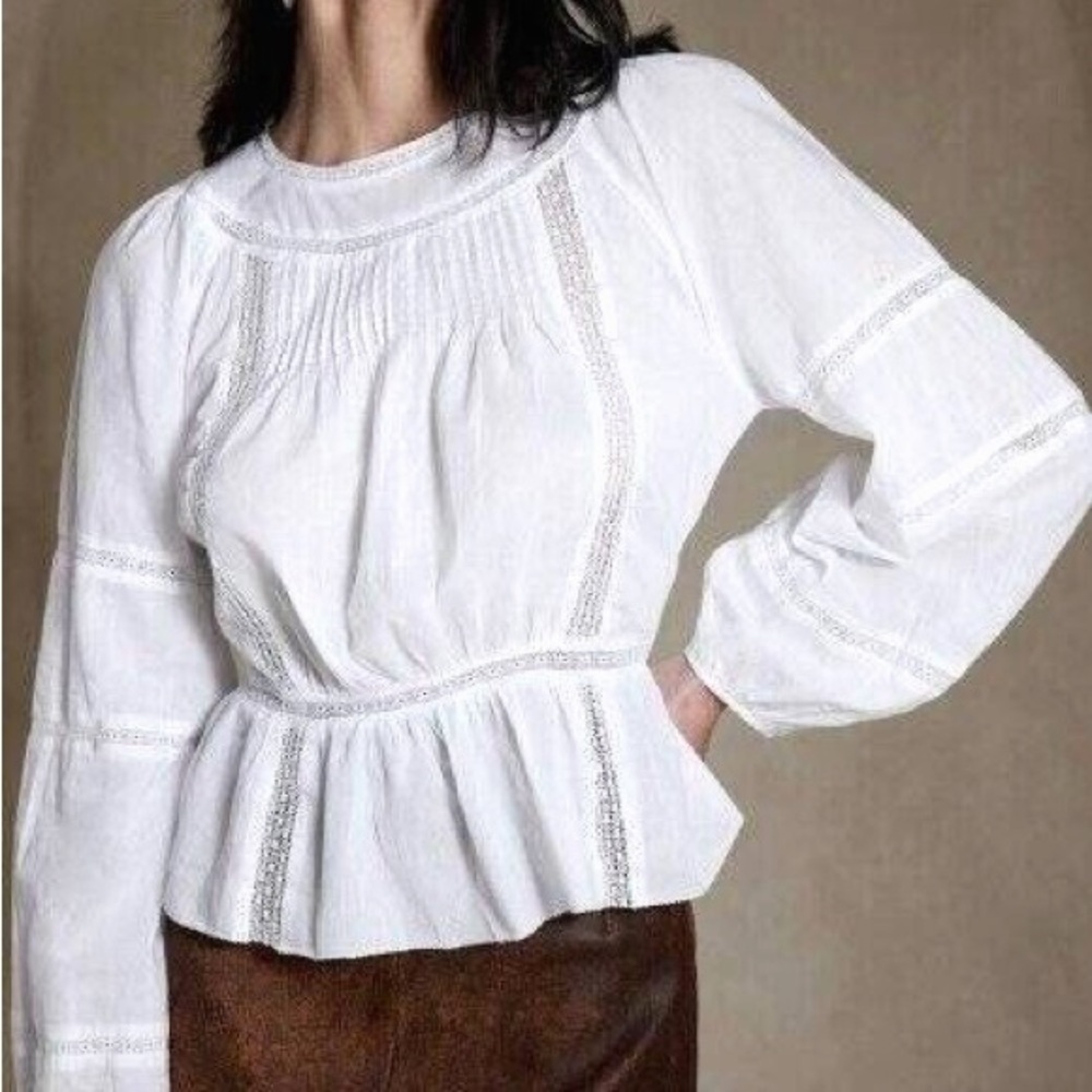 Banana Republic White Nellie Cotton Voile Pintuck Picot Lace Blouse Size XS